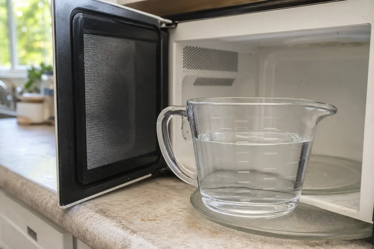 Glass microwave-safe measuring cup with water inside a microwave