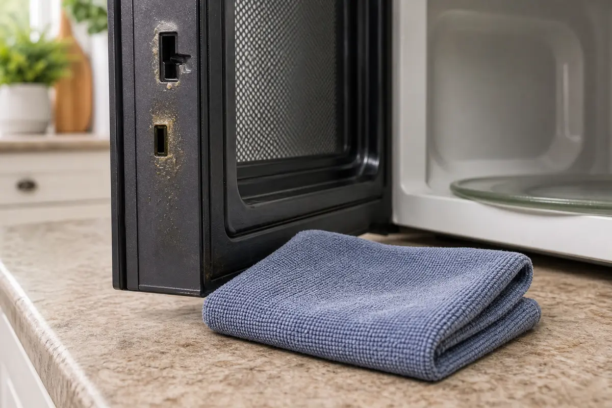 Folded soft microfiber cloth for cleaning a microwave door edge