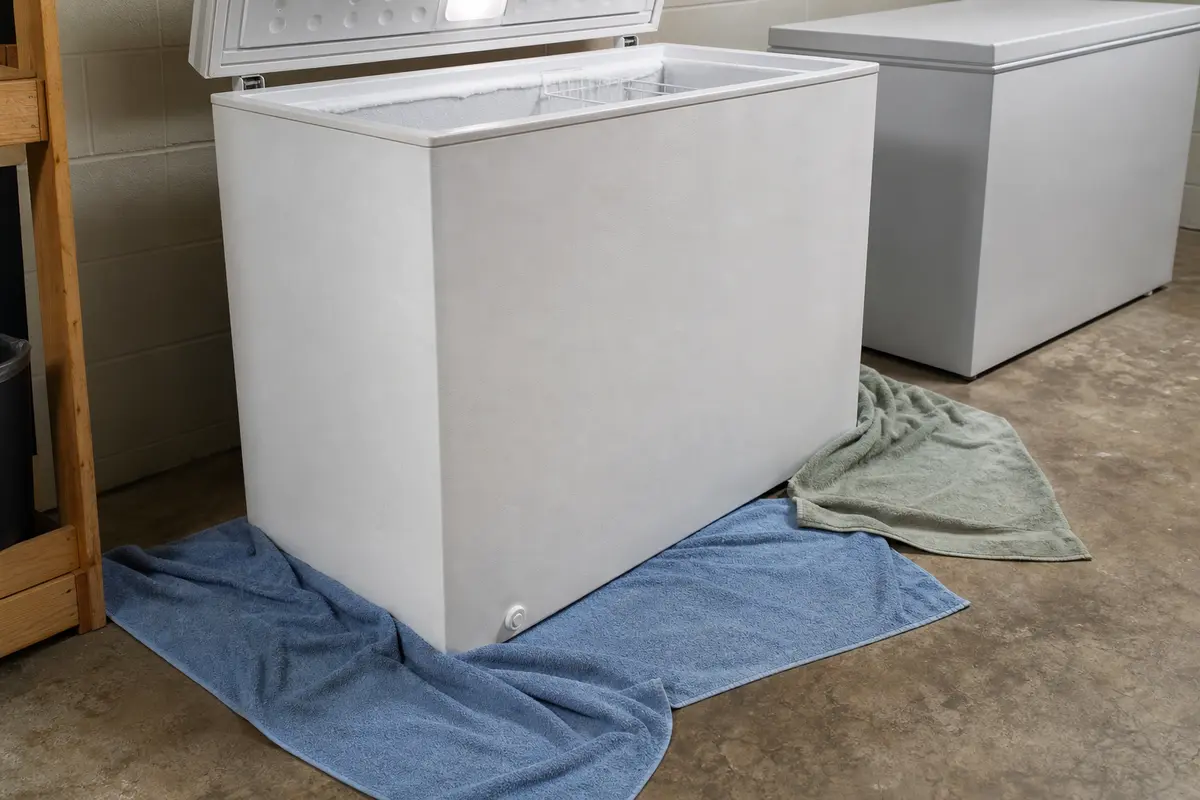 Absorbent towels shown in the repair area for midea chest freezer alarm keeps beeping