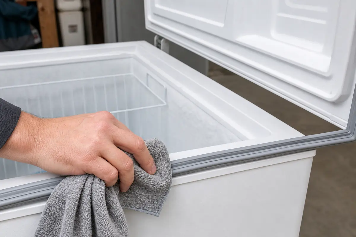 Microfiber cloths shown in the repair area for midea chest freezer alarm keeps beeping