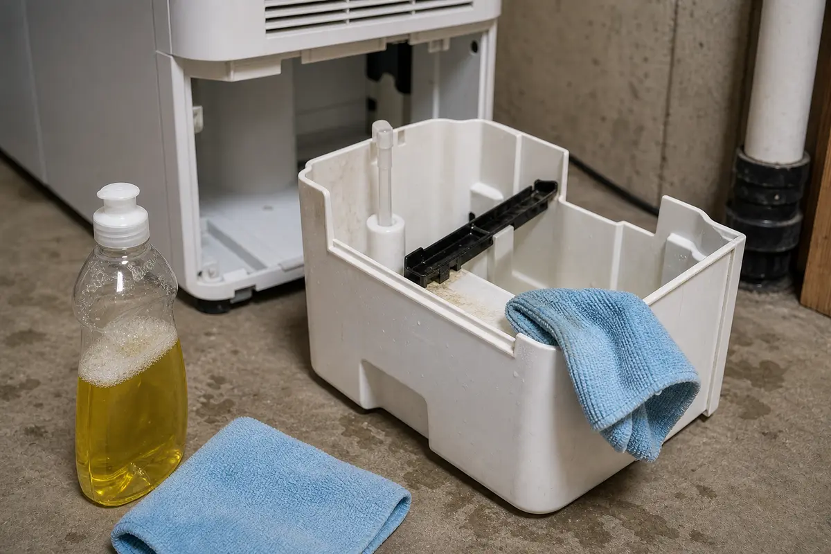 Dehumidifier bucket and float area being cleaned with mild soap and a cloth