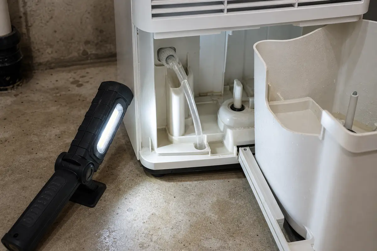 Work light aimed at a dehumidifier hose fitting and bucket rail area for pump troubleshooting