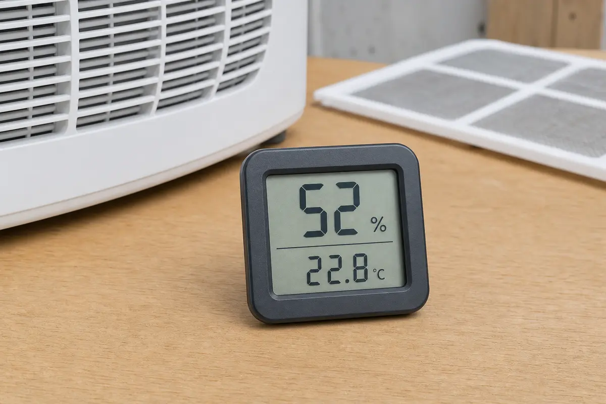 Room humidity meter used for a same-air dehumidifier comparison