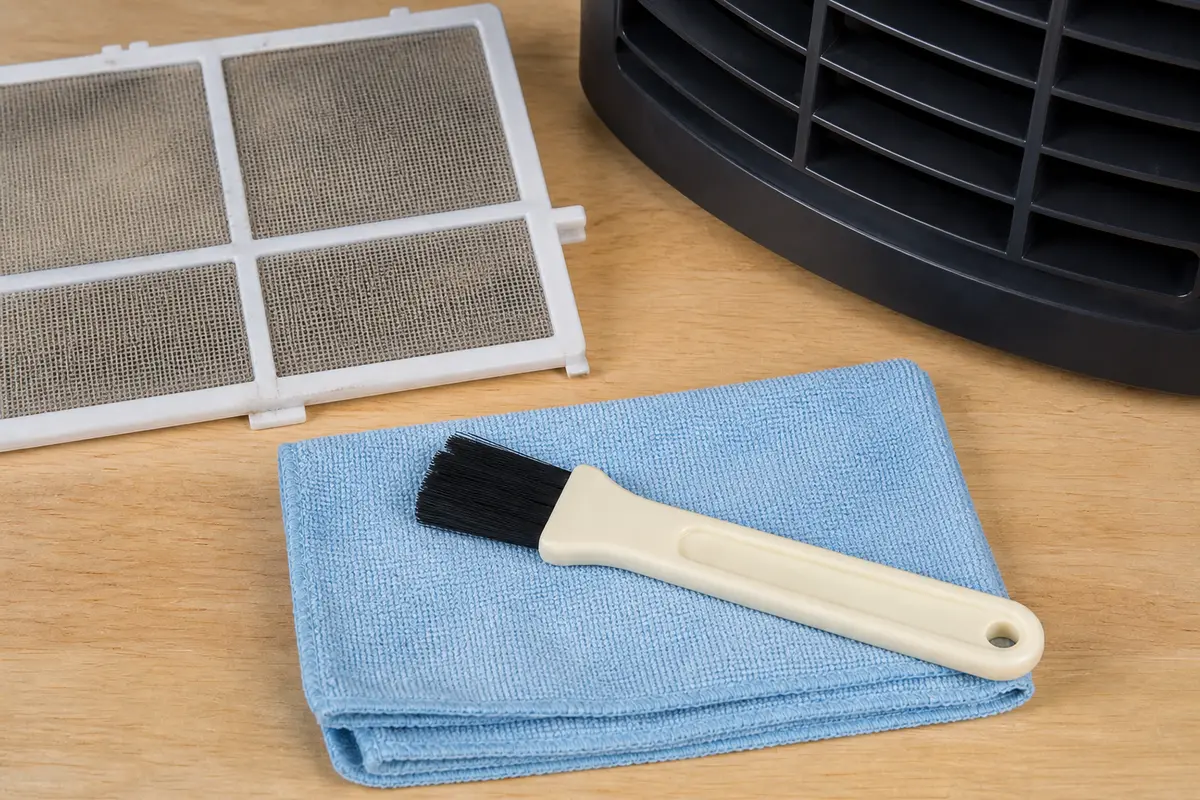Soft brush and microfiber cloth for cleaning a dehumidifier intake