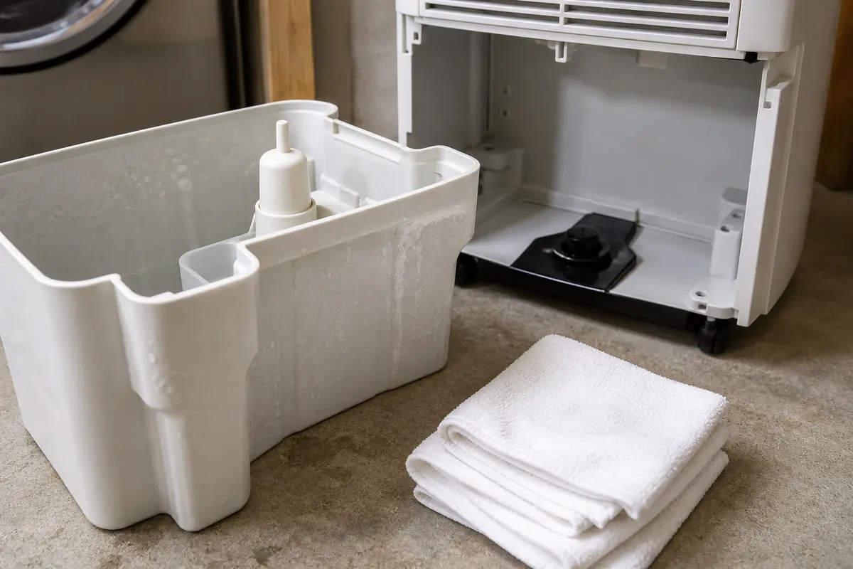 Soft cleaning cloths beside an empty dehumidifier bucket