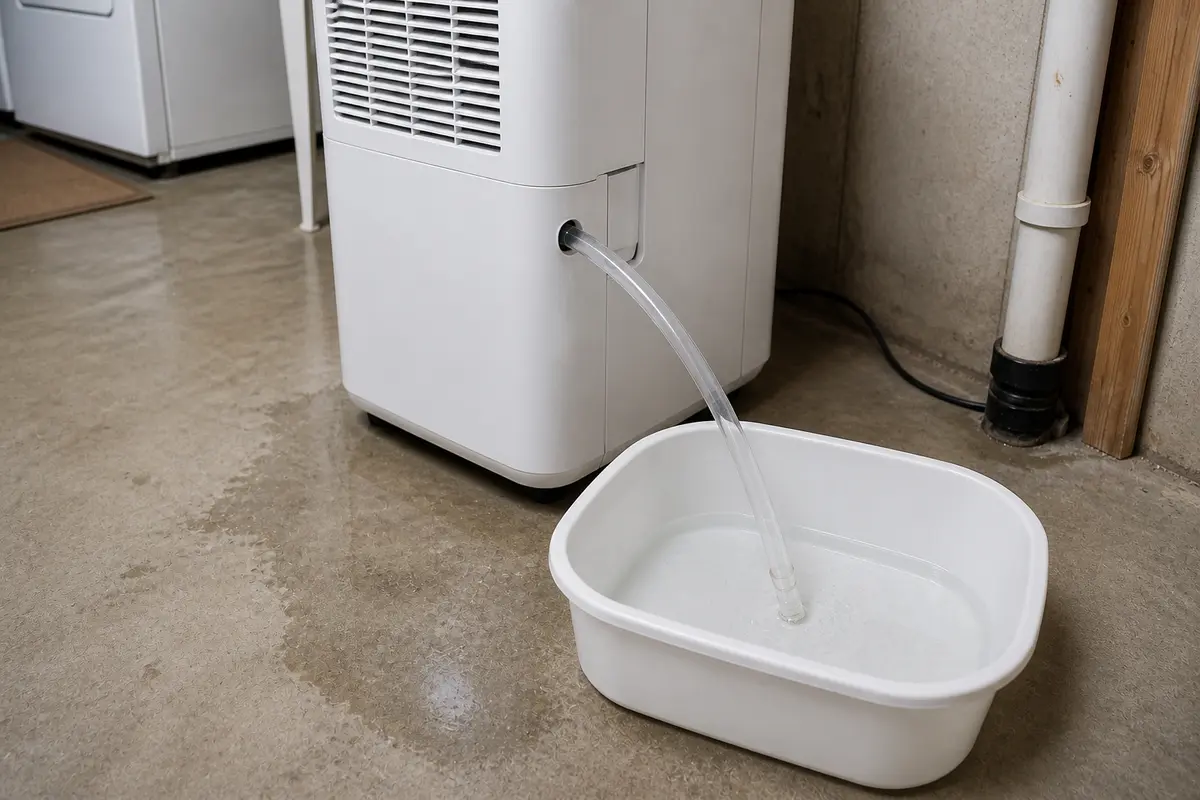 Short clear dehumidifier hose draining into a small catch bucket during a pump test