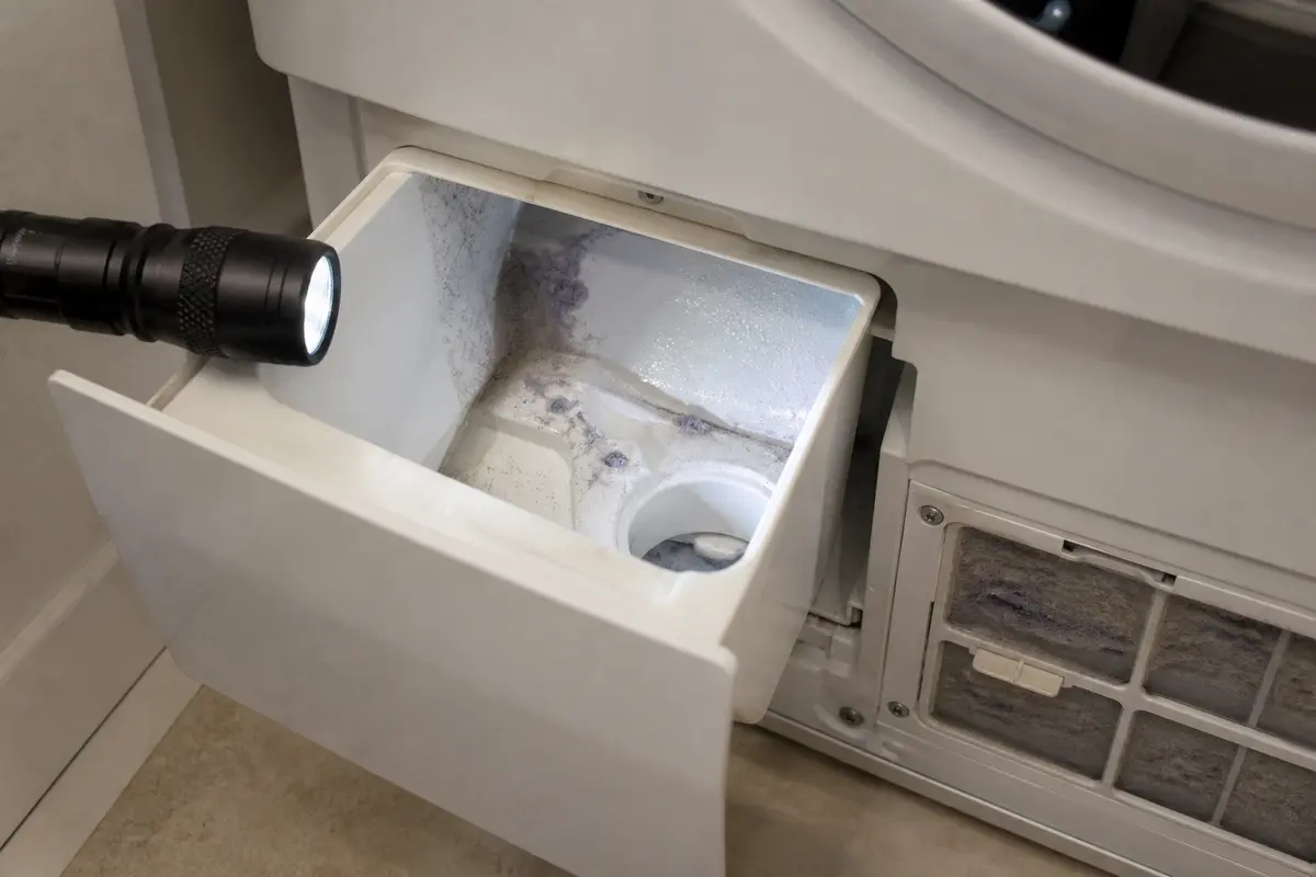 Inspection flashlight shining into a dryer water container pocket with damp lint residue