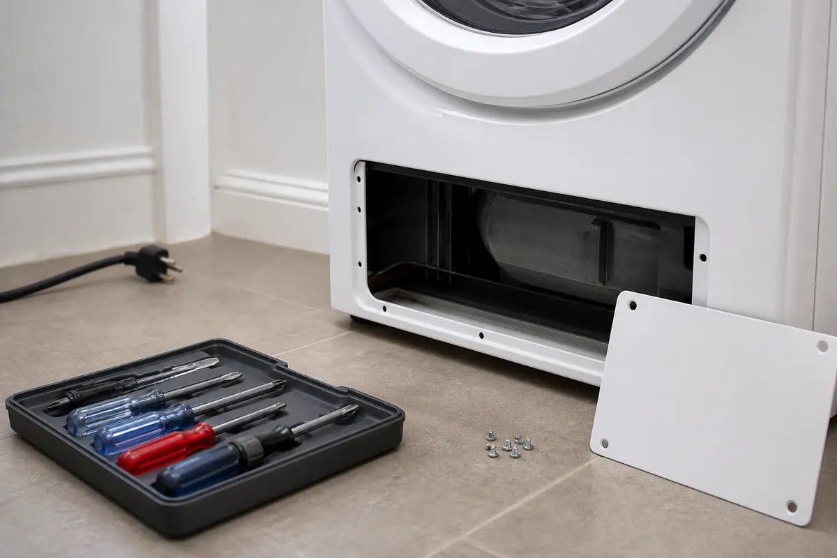 Screwdriver set beside an unplugged dryer lower access cover