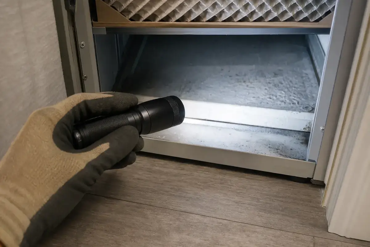 Inspection flashlight for musty smell when heat turns on checks