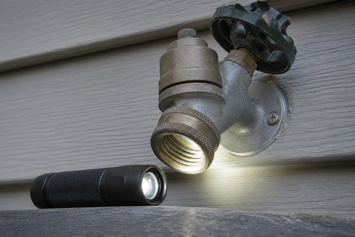 Compact flashlight illuminating outdoor faucet outlet cap and wall flange
