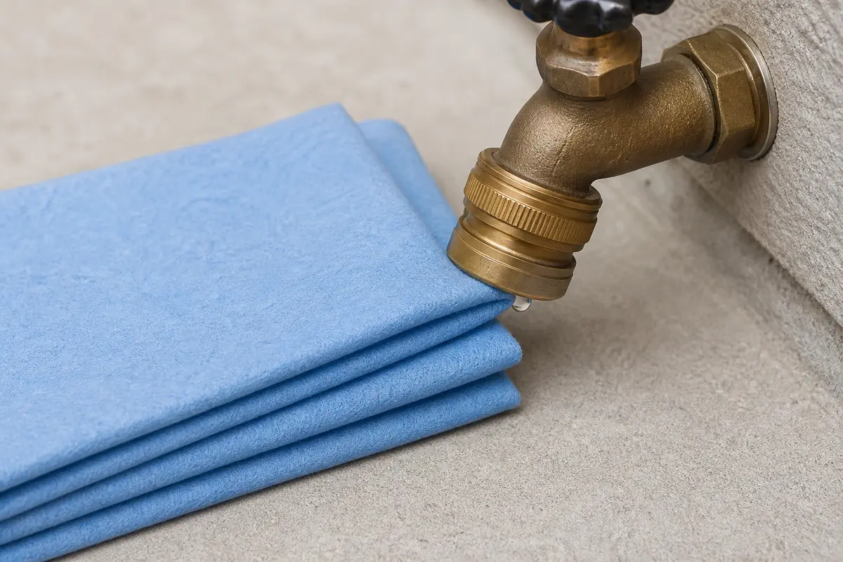 Folded absorbent shop towels positioned below outdoor faucet coupling seam