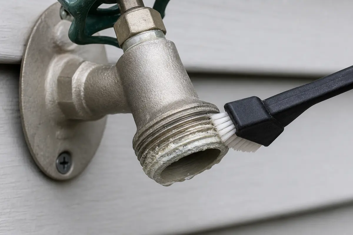 Soft nylon brush lifting mineral crust from outdoor faucet hose threads