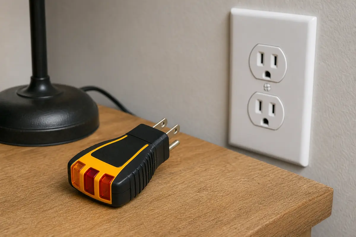 Plug-in outlet tester shown beside a covered residential outlet