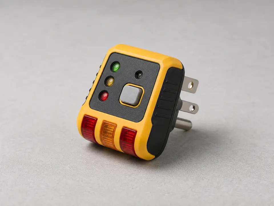 Outlet tester with GFCI test button tool