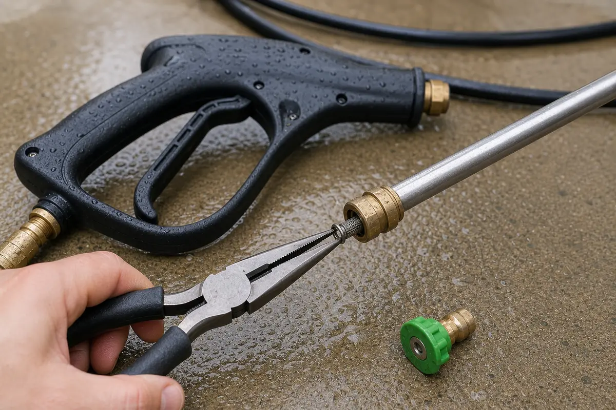 Needle nose pliers for gently pulling a pressure washer nozzle clip or inlet screen