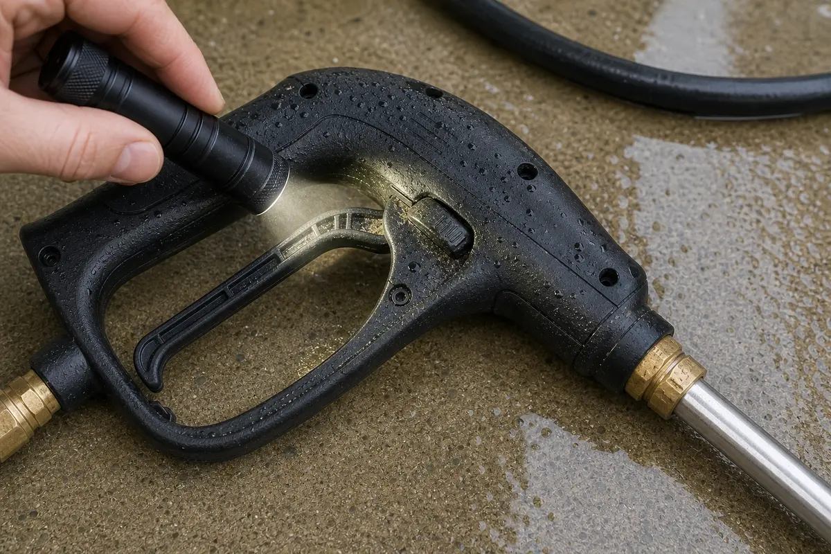 Small flashlight for checking pressure washer trigger pivot cracks and water tracks