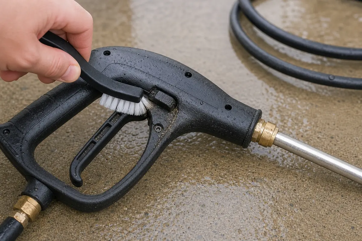 Soft nylon brush for cleaning grit from a pressure washer trigger area and quick connects