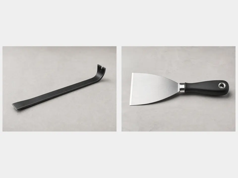 Pry bar or stiff putty knife tool