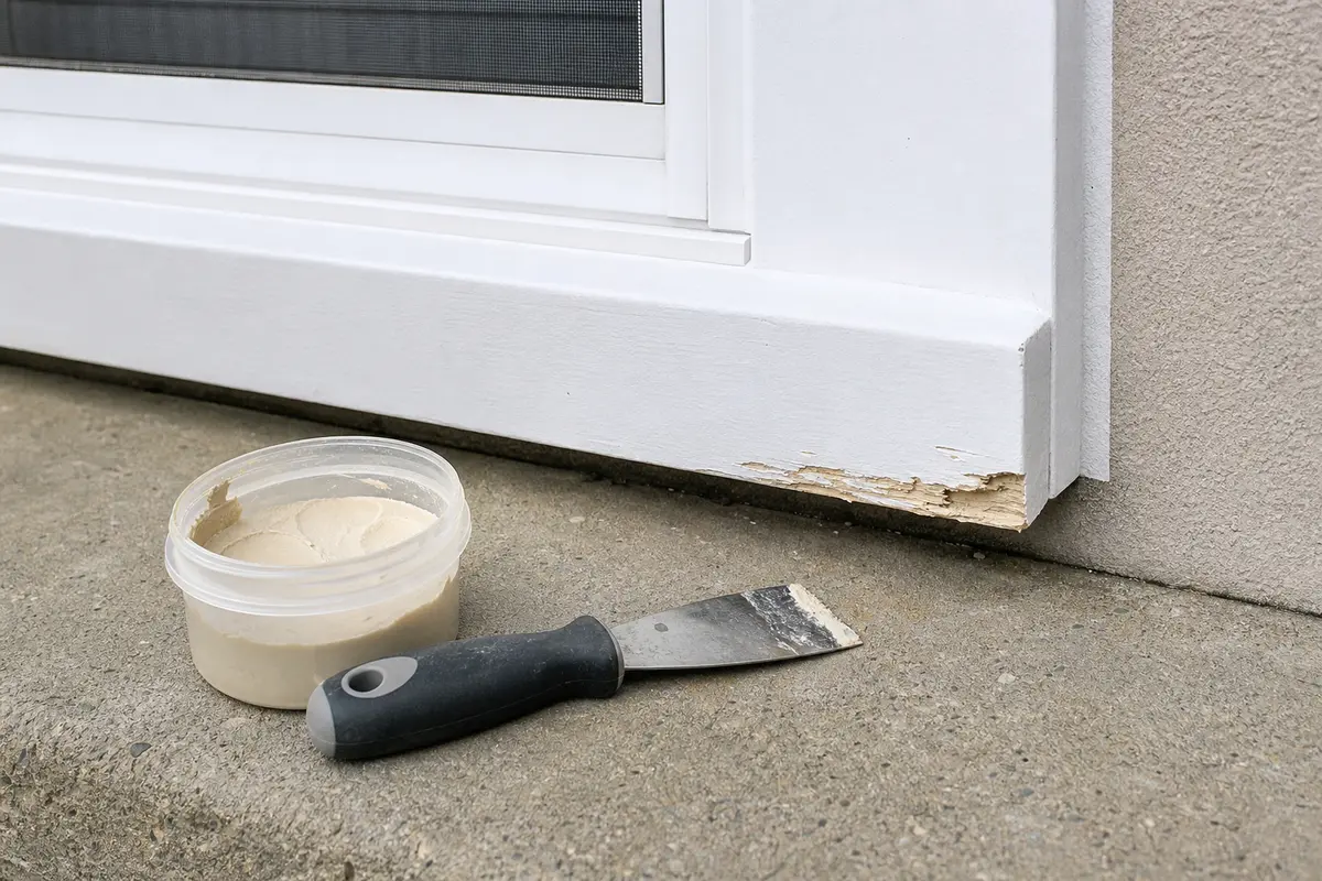 Exterior wood filler staged beside shallow rabbit chew marks on dry window trim