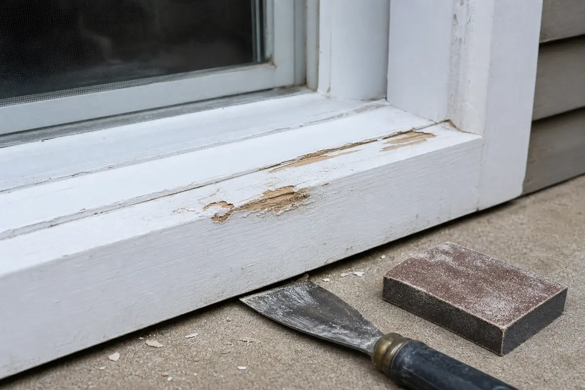 Painter scraper and sanding block beside shallow rabbit-chewed exterior window trim