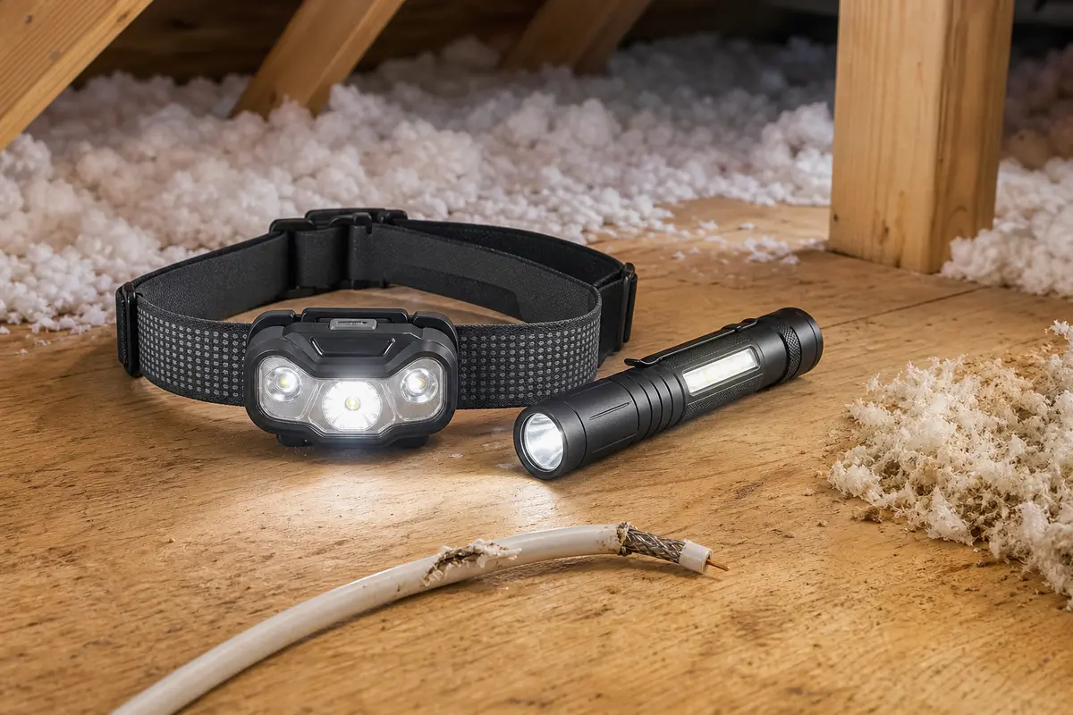 Headlamp and inspection flashlight for attic cable checks