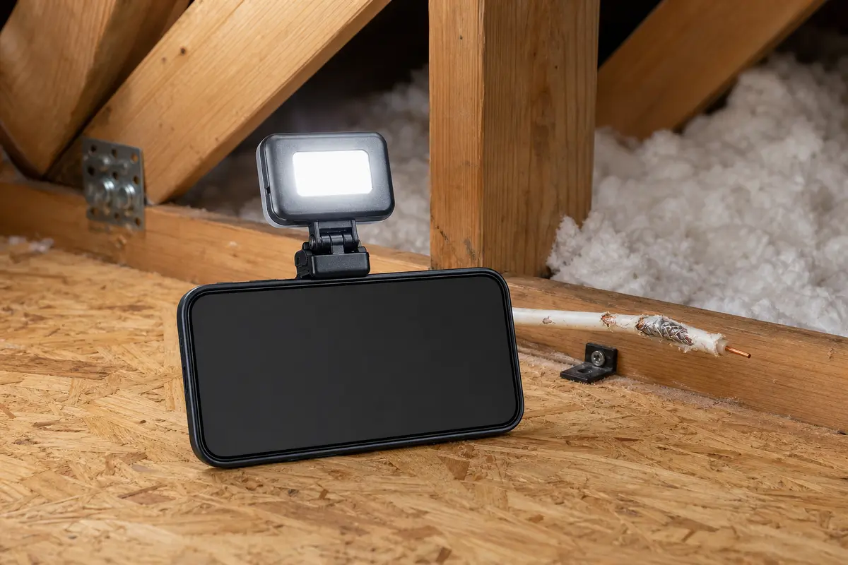 Phone camera light attachment used to document attic coax chew marks