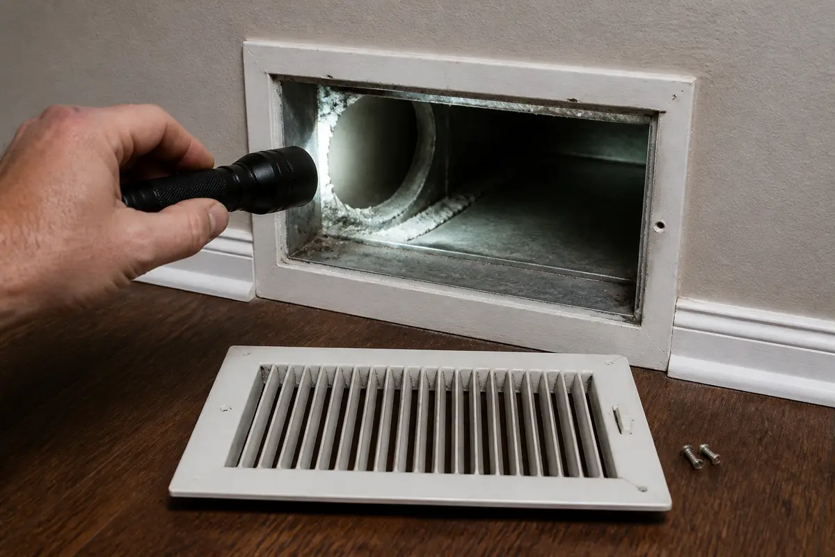 Inspection flashlight aimed at an HVAC vent opening