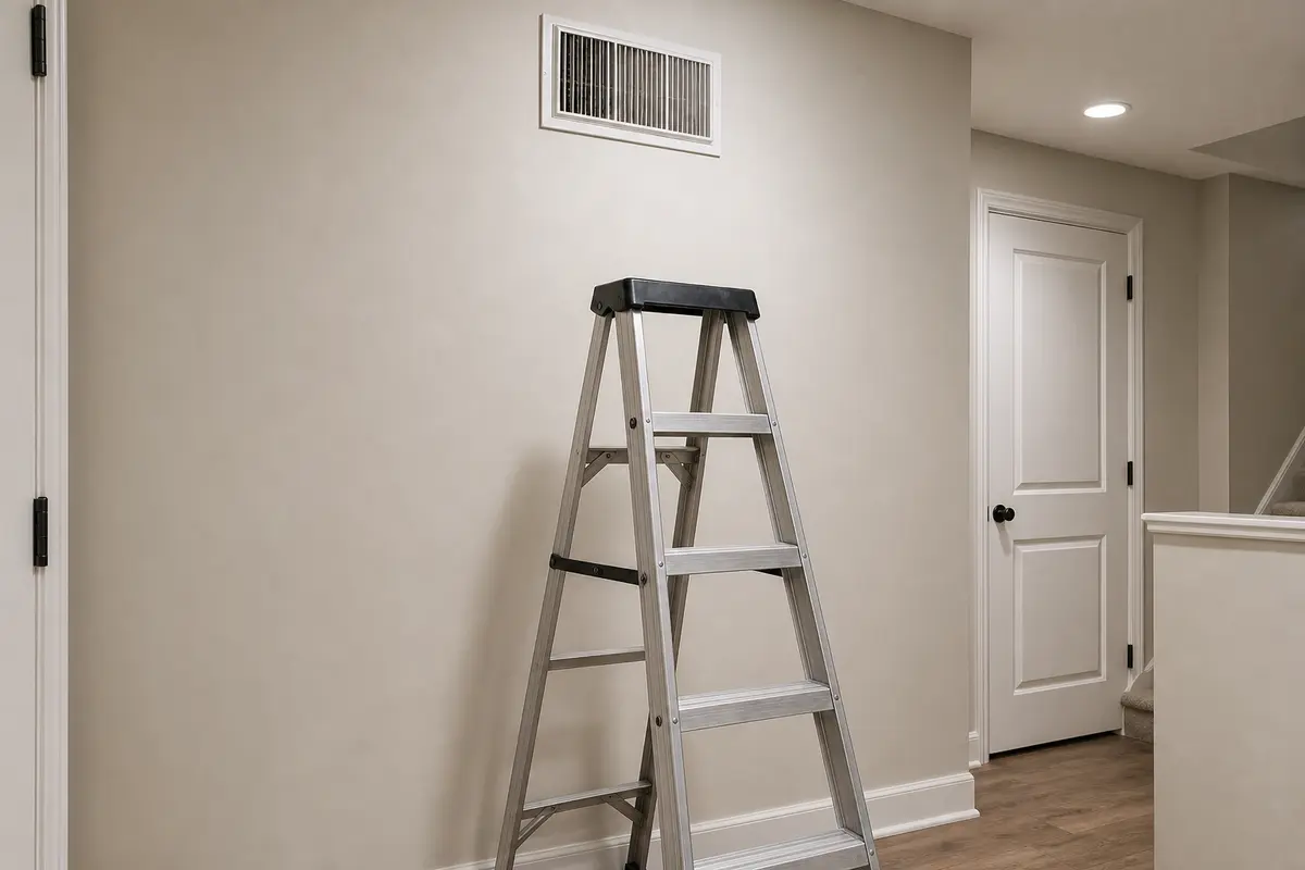 Step ladder set below a high wall HVAC vent