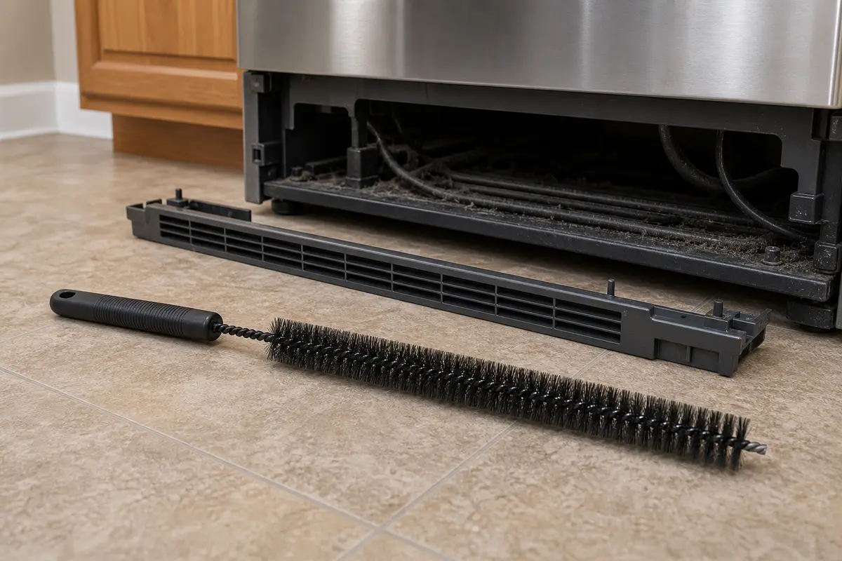 Soft condenser coil brush for refrigerator airflow and lower rear noise checks
