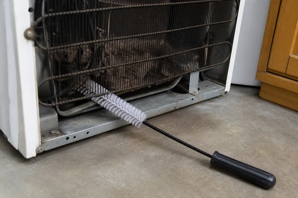 Soft condenser coil brush for cleaning a refrigerator that runs constantly