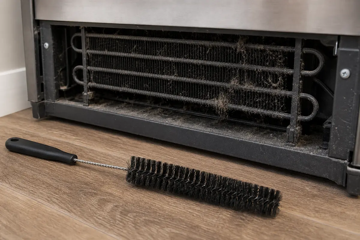 Soft condenser coil brush for a warm refrigerator