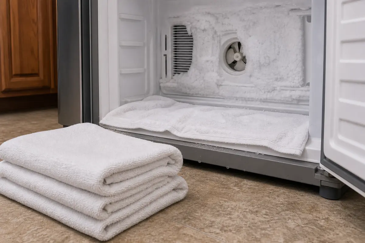 Towels staged for a safe refrigerator freezer frost thaw during fan noise troubleshooting