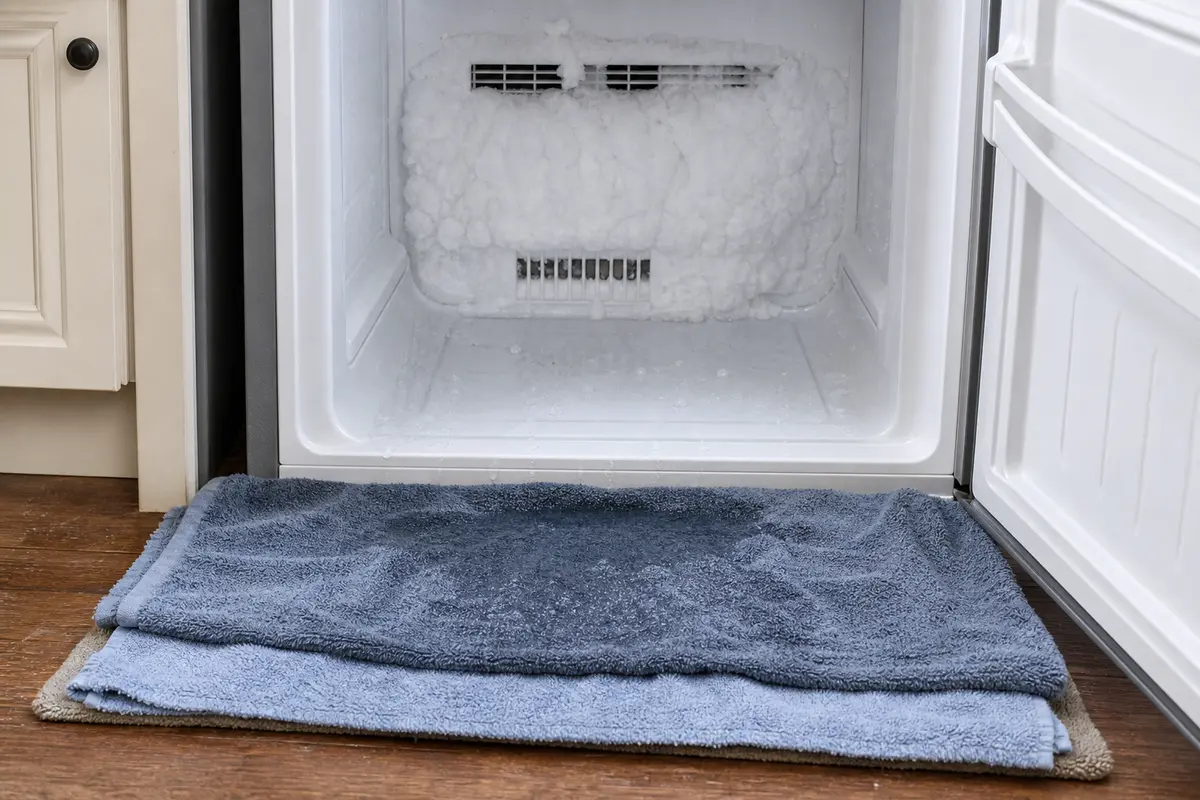 Towels placed for meltwater while thawing frost in a refrigerator diagnosis