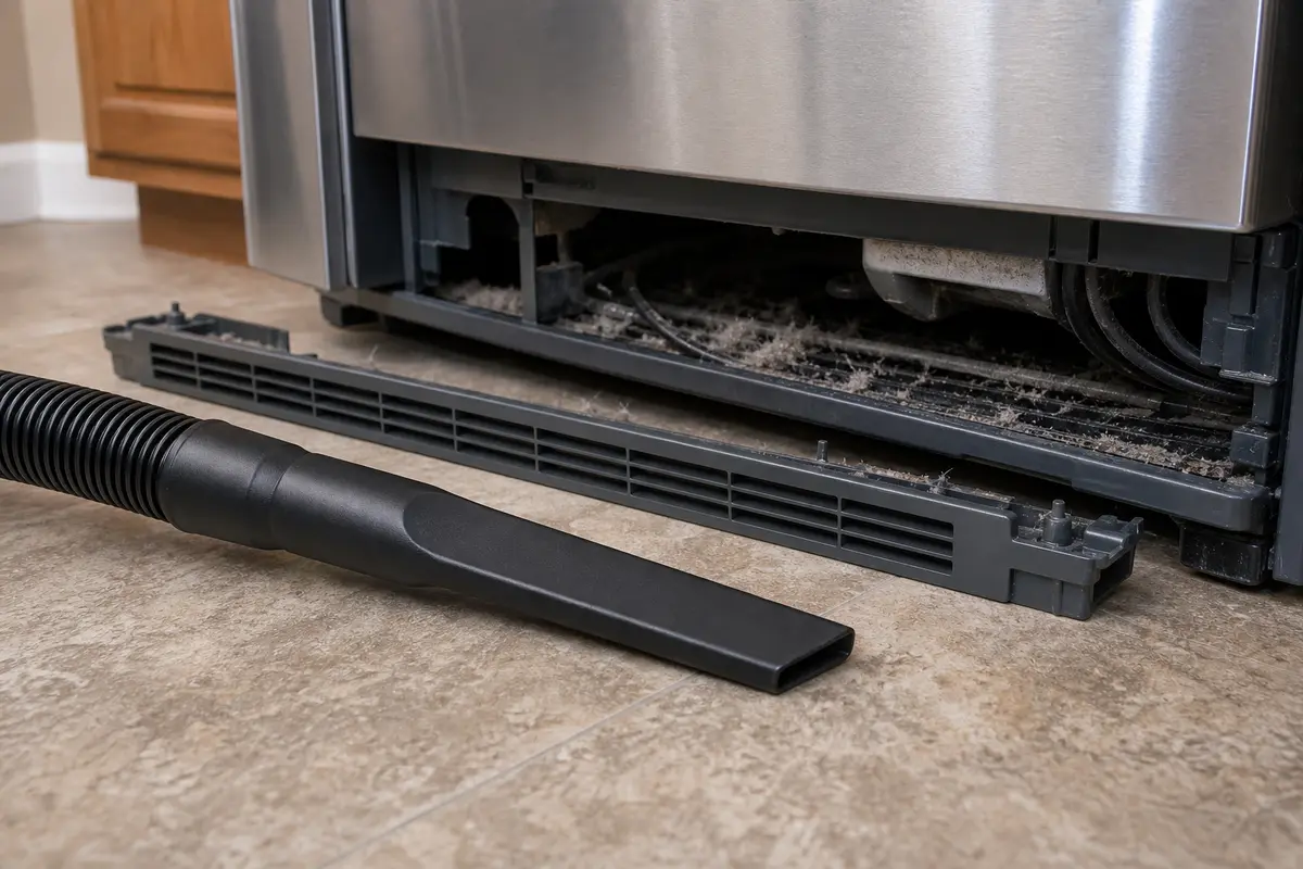 Vacuum crevice attachment used for accessible refrigerator lower airflow cleaning