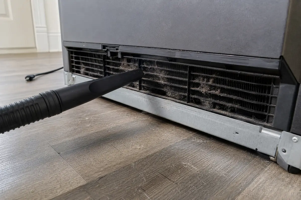 Vacuum crevice attachment cleaning dust from a refrigerator condenser area