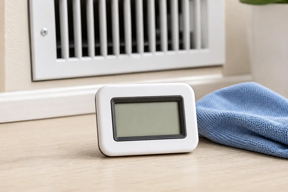 Digital hygrometer beside an AC supply register