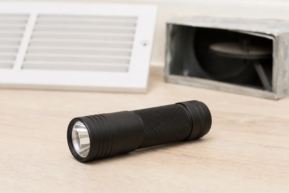 Inspection flashlight in front of an AC register opening