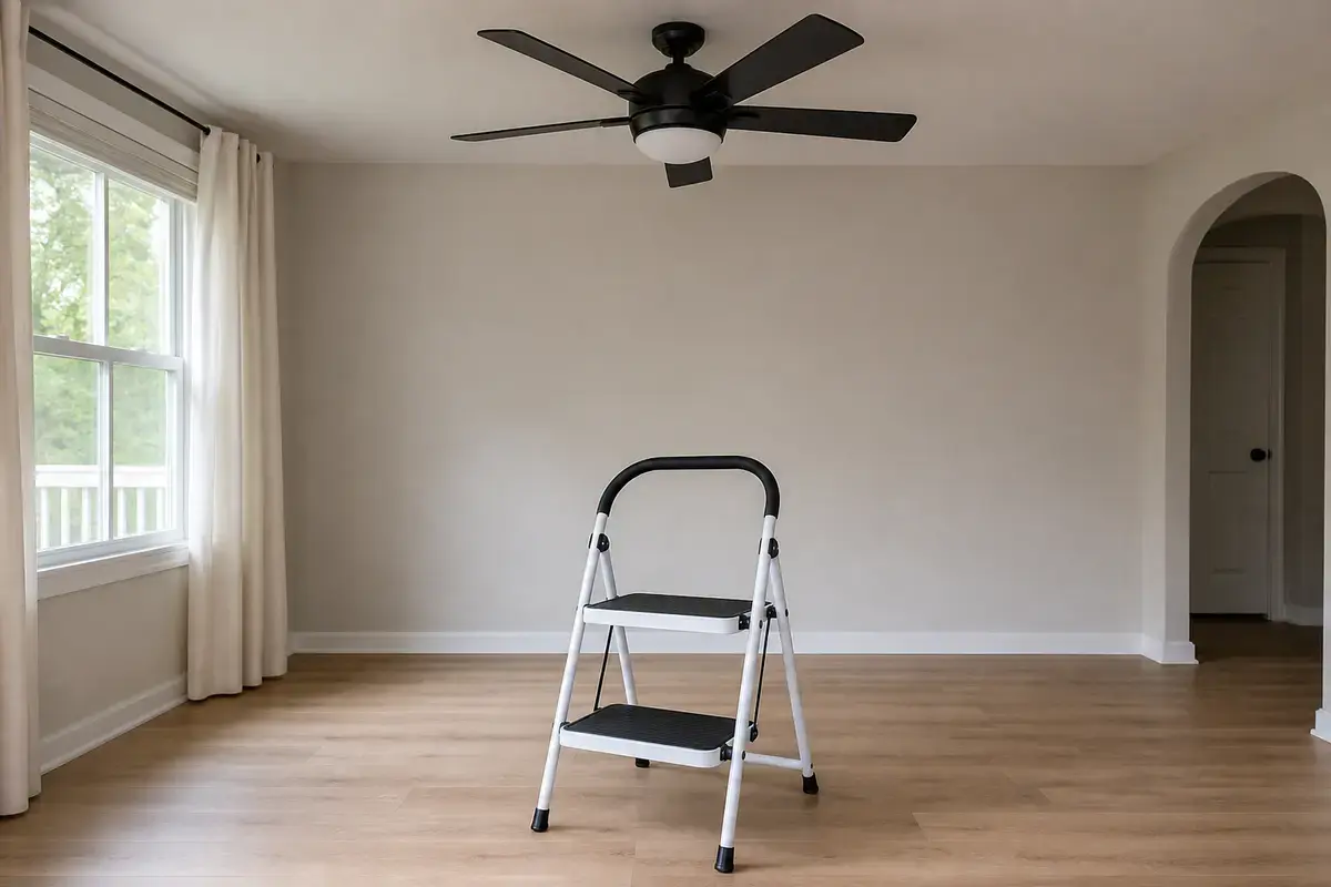 Stable two-step stool opened on a level floor below a ceiling fan