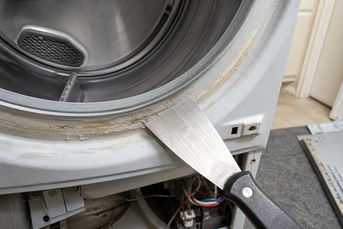 Stiff putty knife for releasing dryer clips and scraping old felt adhesive