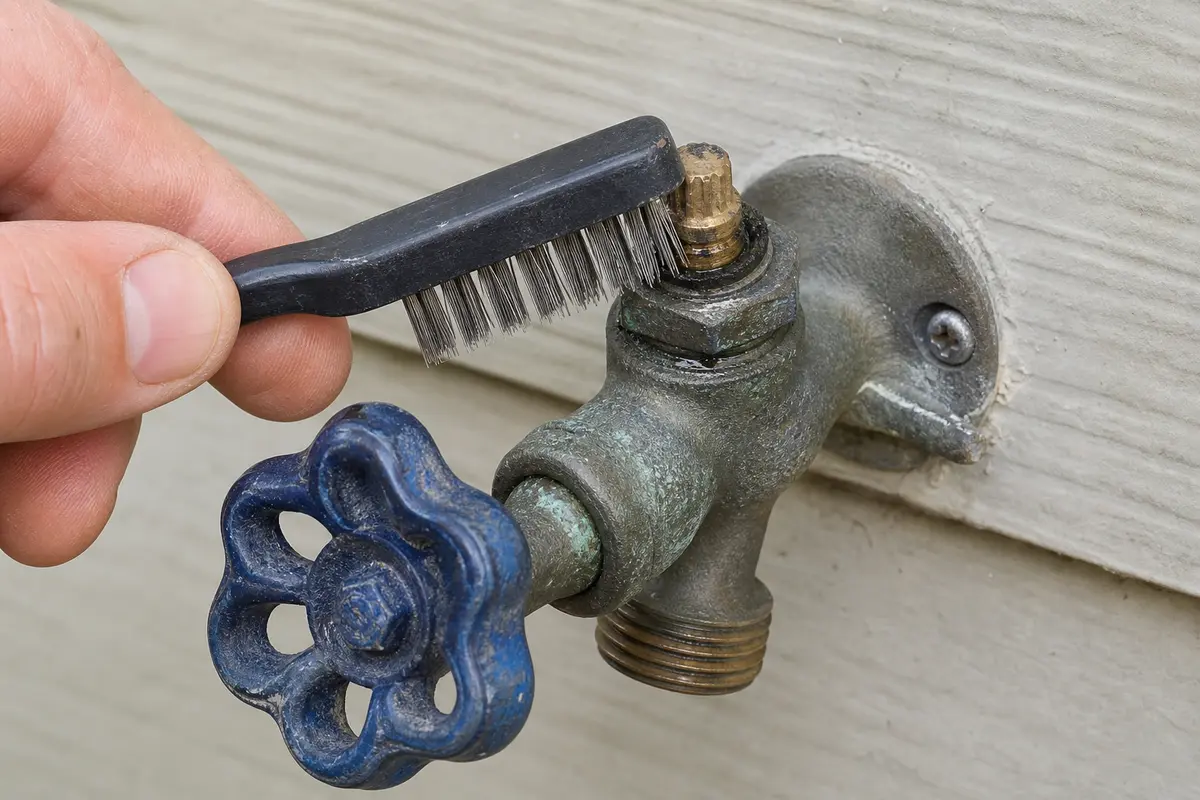 Small brush cleaning corrosion from an outdoor faucet packing nut before repacking