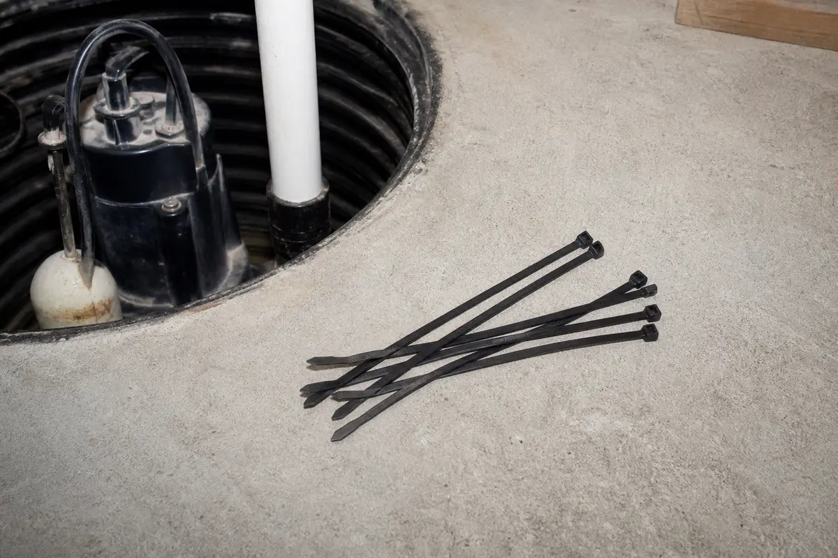 Zip ties securing a sump pump float switch cord away from the pump intake