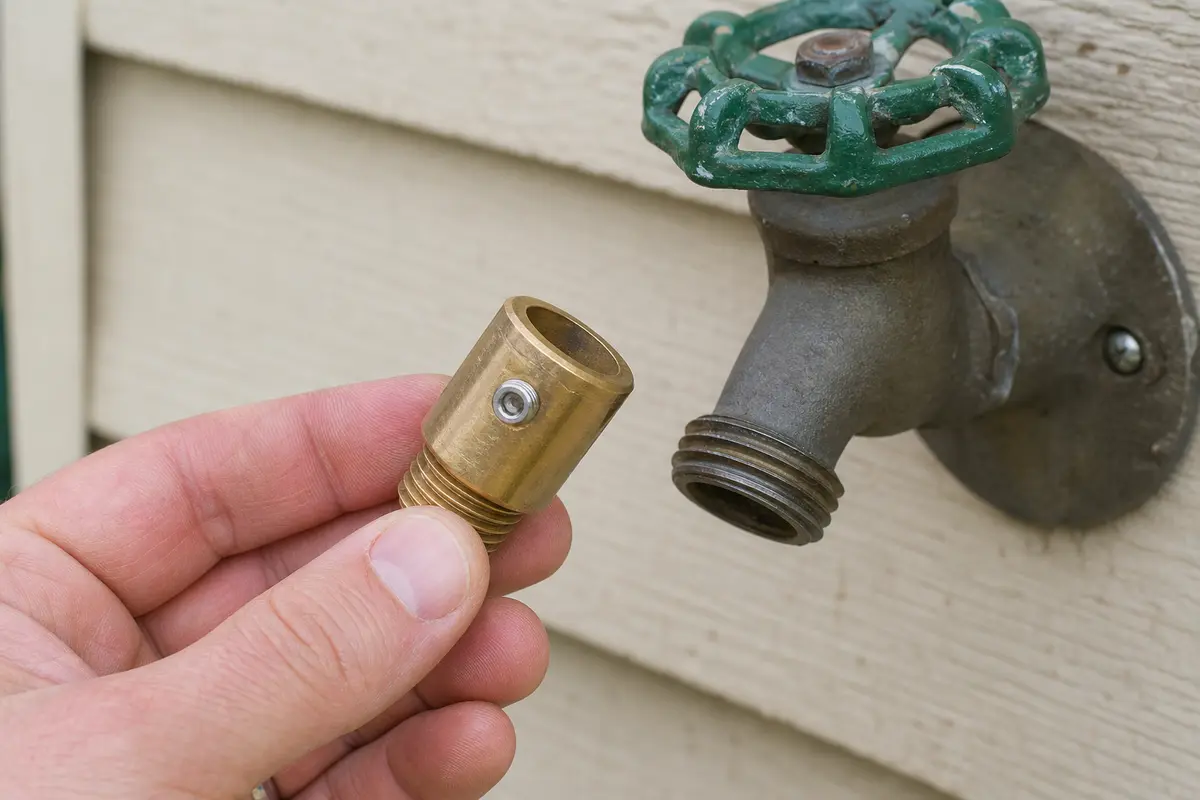 Replacement hose bib vacuum breaker beside the faucet outlet threads