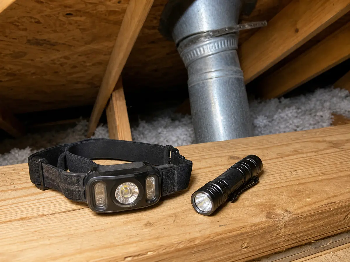 Headlamp or flashlight shown in the repair area for roof vent rattles in wind