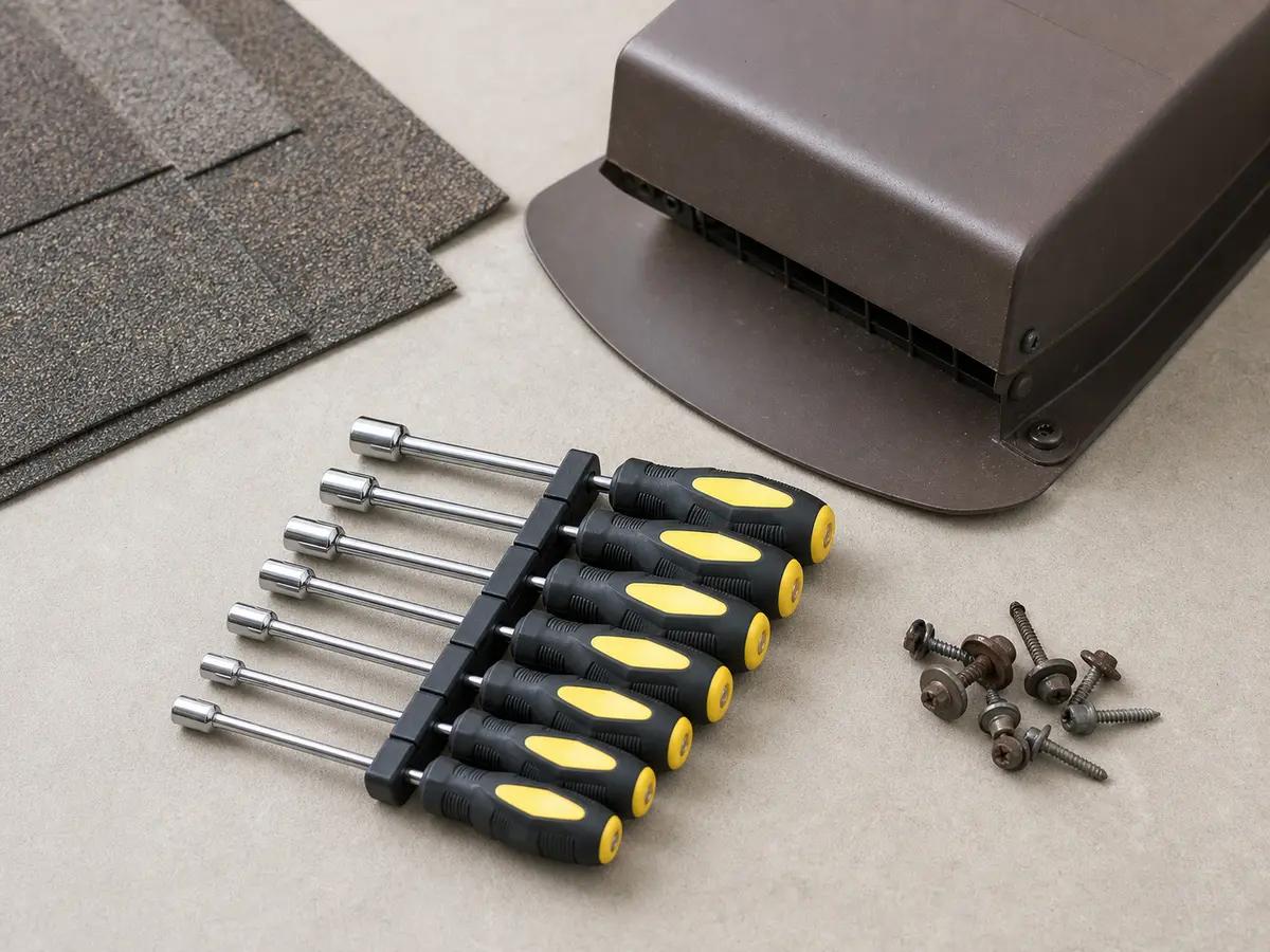 Nut driver set shown in the repair area for roof vent rattles in wind