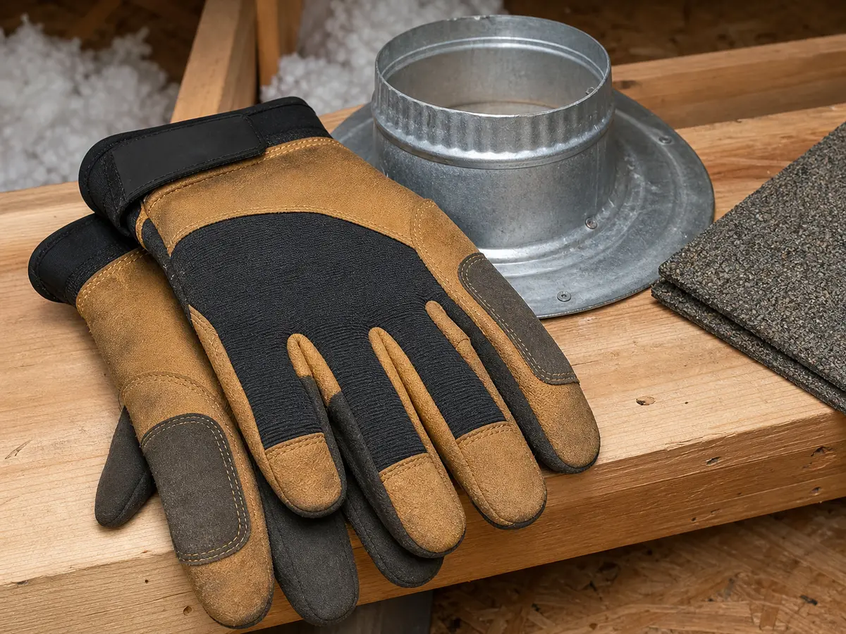 Work gloves shown in the repair area for roof vent rattles in wind
