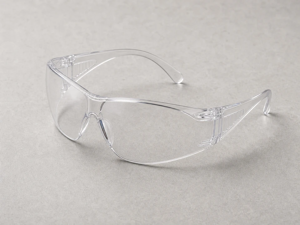 Safety glasses for brushing and rinsing outdoor heat pump debris