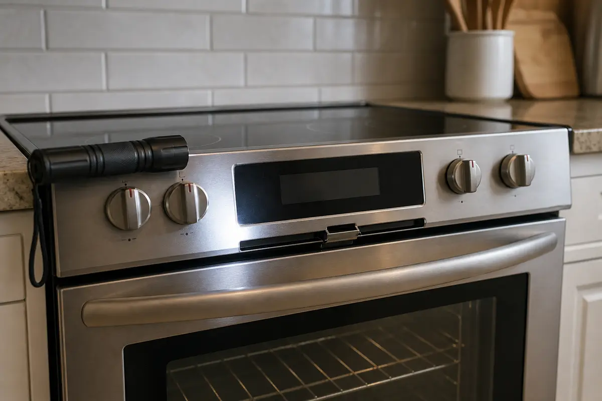 Inspection flashlight shown in the repair area for samsung oven control panel not responding