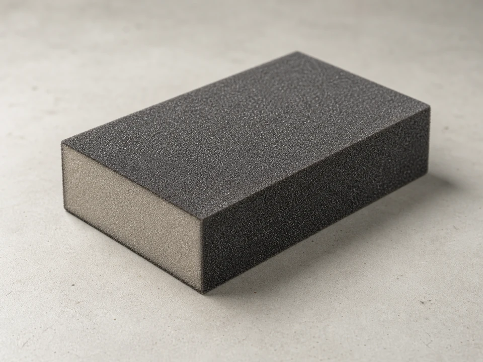 Fine sanding sponge smoothing dried drywall compound