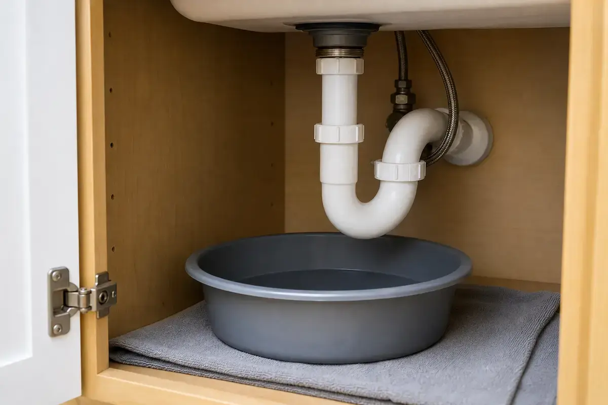Shallow pan and towels for sewer drain backing up