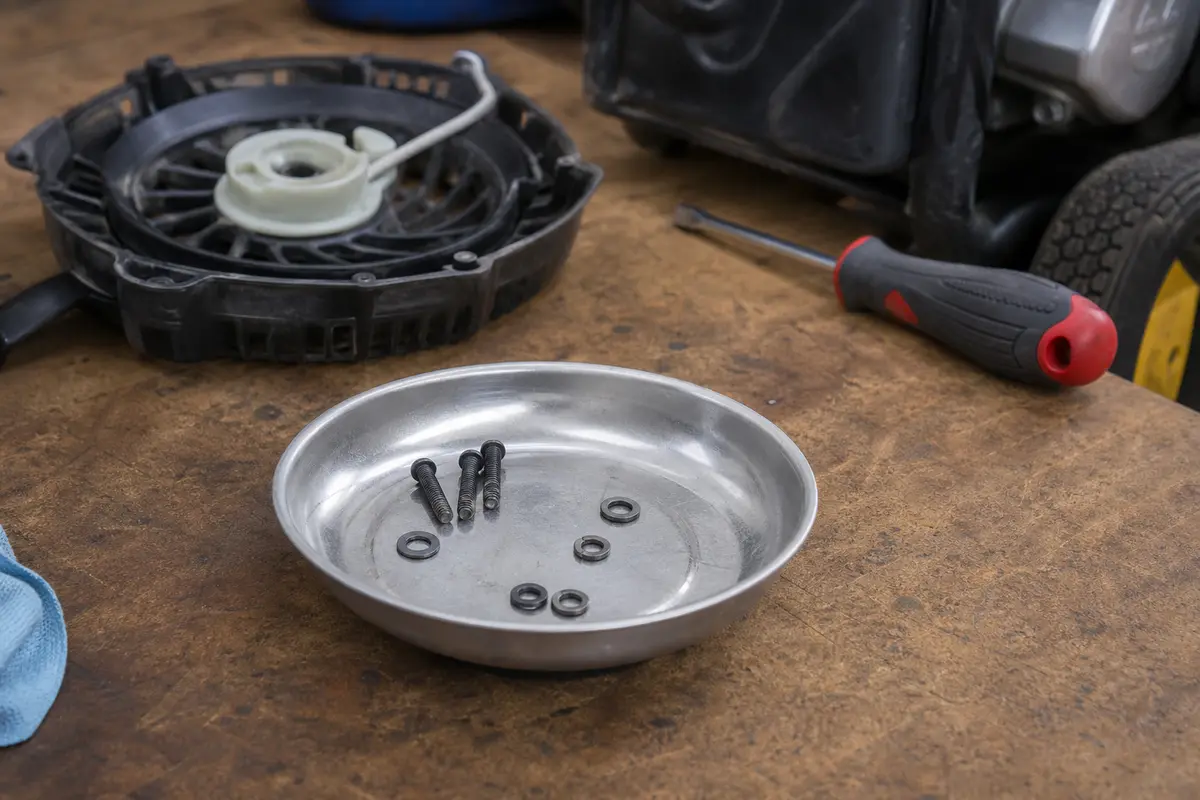 Small parts tray holding pressure washer recoil housing bolts and washers